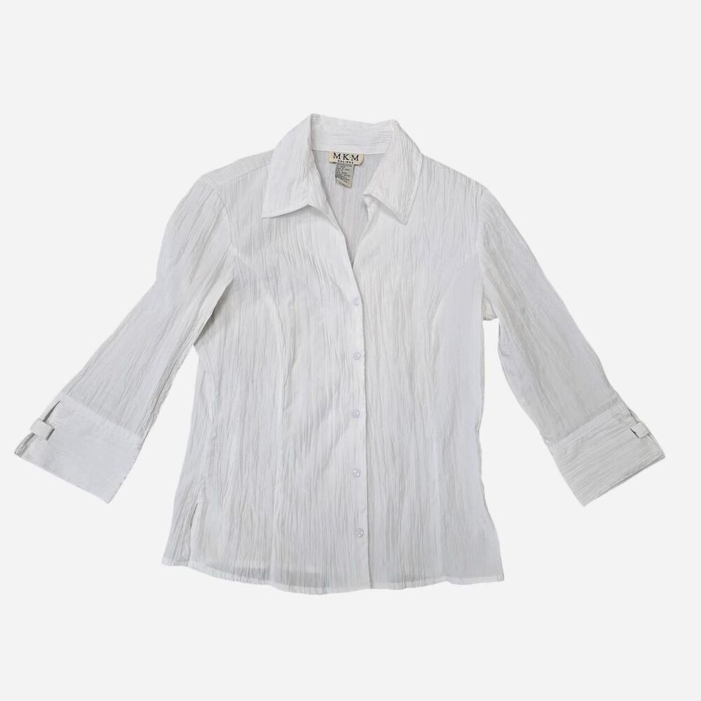 MKM Designs Women's Size Medium crepe White Button Up Blouse Y2K